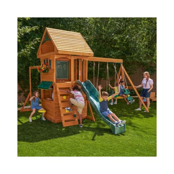 Wooden outdoor playset with swings, slide, and climbing features for children's active play and exploration