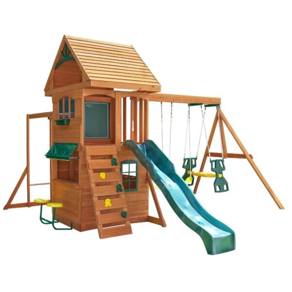Wooden outdoor playset with swings, slide, and climbing features for children's active play and exploration