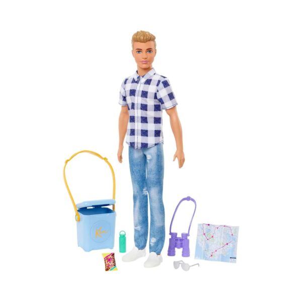 Barbie It Takes Two Ken Camping Doll Wearing Plaid Shirt, Jeans and White Sneakers, with Camping Accessories