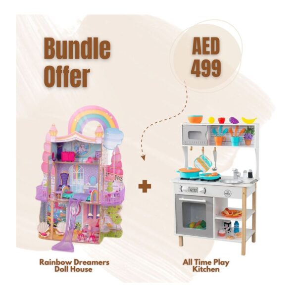 Kidkraft Rainbow Dreamers Unicorn Mermaid Wooden Dollhouse and All Time Play Kitchen W/ 38 Pieces Accessories ( Bundle Offer)