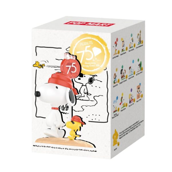 Pop Mart Peanuts 75th Anniversary figures featuring Snoopy in various comic-inspired poses and designs