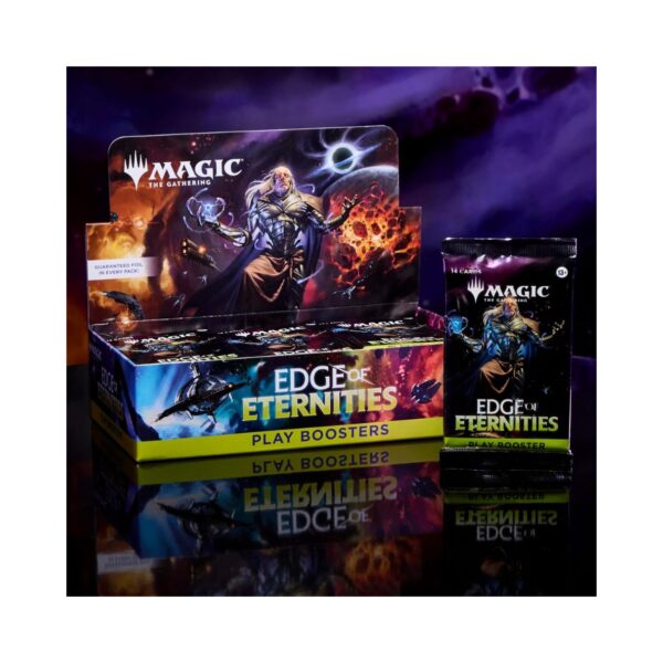 MTG Edge of Eternities Play Booster Box featuring vibrant artwork and multiple booster packs for gameplay enhancement