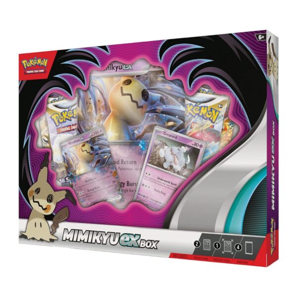 Mimikyu ex Box featuring the Pokémon Mimikyu, with vibrant artwork and collectible cards displayed prominently on the packaging