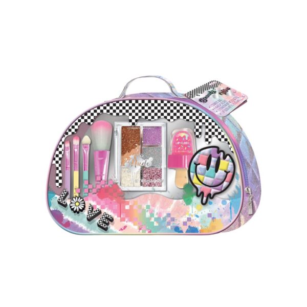 A vibrant beauty scene featuring bold makeup products and warm colors, evoking a sense of confidence and style