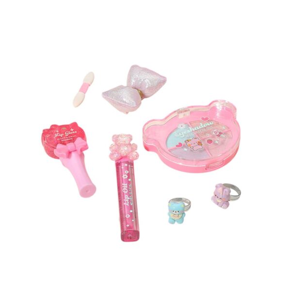 A vibrant beauty product display featuring glitzy makeup items and accessories, showcasing a glamorous aesthetic