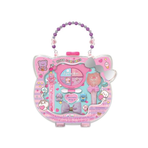 A vibrant beauty product display featuring glitzy makeup items and accessories, showcasing a glamorous aesthetic