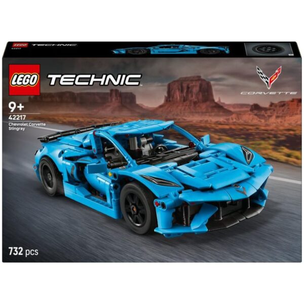 LEGO model of a Chevrolet Corvette Stingray, showcasing sleek design and vibrant colors, with detailed features and wheels