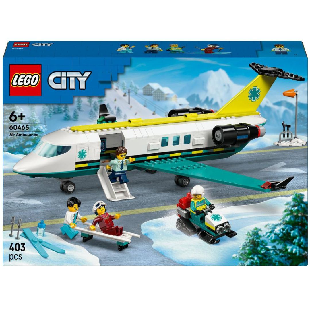 LEGO City Emergency Air Ambulance Airplane - 60465 LEGO City emergency air ambulance airplane with a red and white design, featuring a propeller and medical symbols.