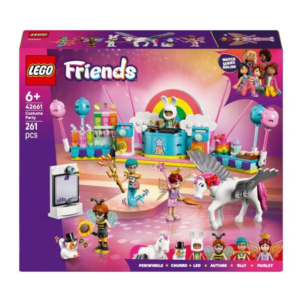 A vibrant LEGO Friends scene featuring children in unicorn and fairy costumes at a lively costume party