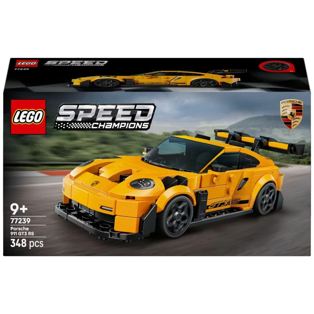 LEGO model of a Porsche 911 GT3 RS supercar, showcasing detailed design and vibrant colors