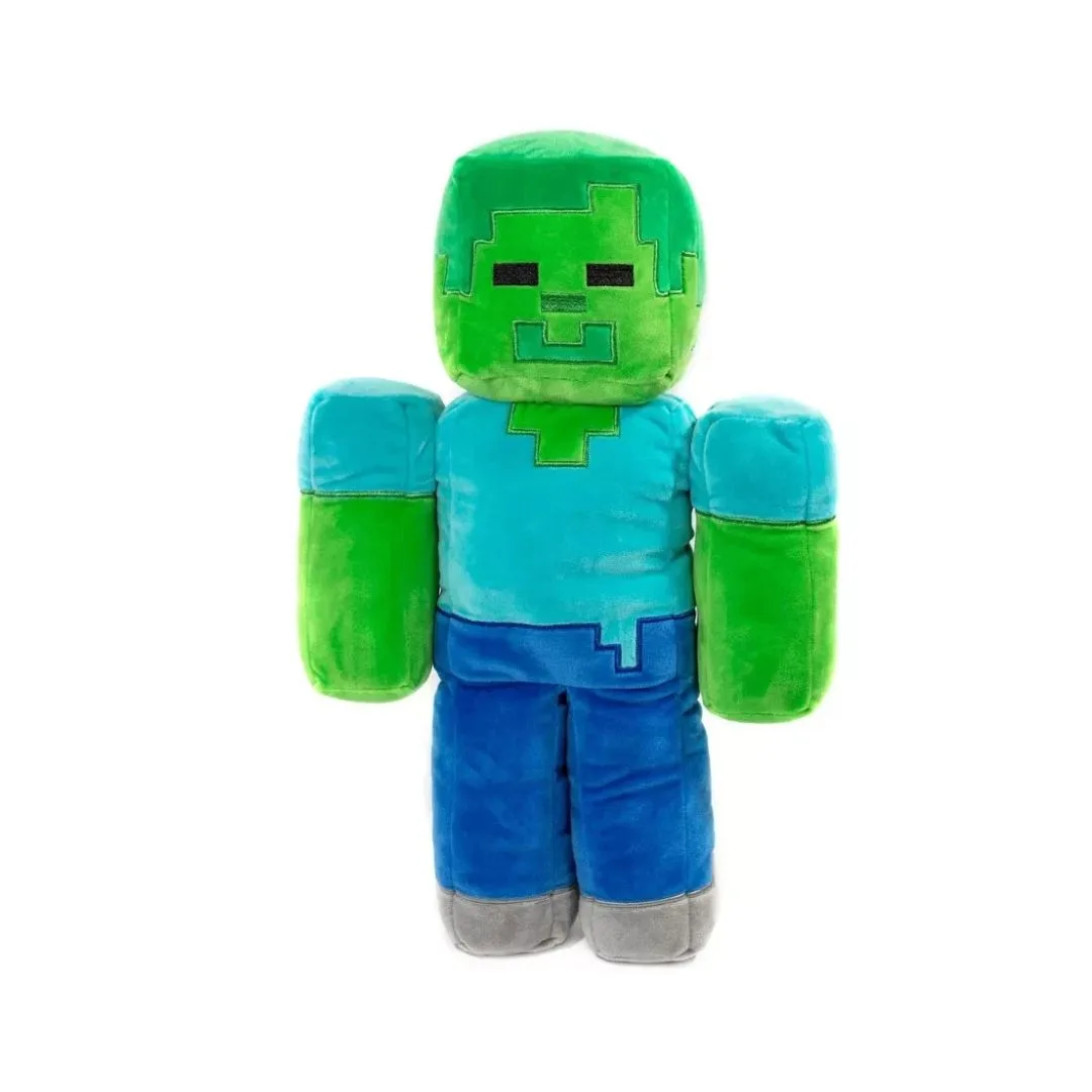 Plush toy of a Minecraft zombie, featuring green skin, tattered clothes, and a friendly expression, perfect for fans of the game