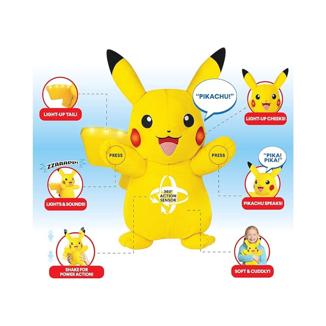 Pokemon Plush Power Action Interactive Pikachu, PKW4185-3 Interactive Pikachu plush toy with power action features, showcasing its signature yellow color and cheerful expression