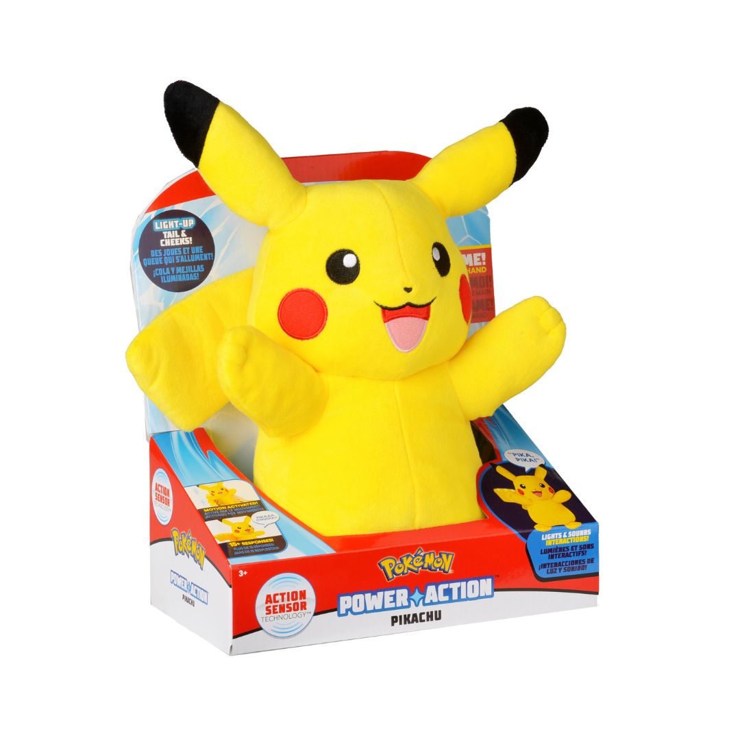 Pokemon Plush Power Action Interactive Pikachu, PKW4185 Interactive Pikachu plush toy with power action features, showcasing its signature yellow color and cheerful expression