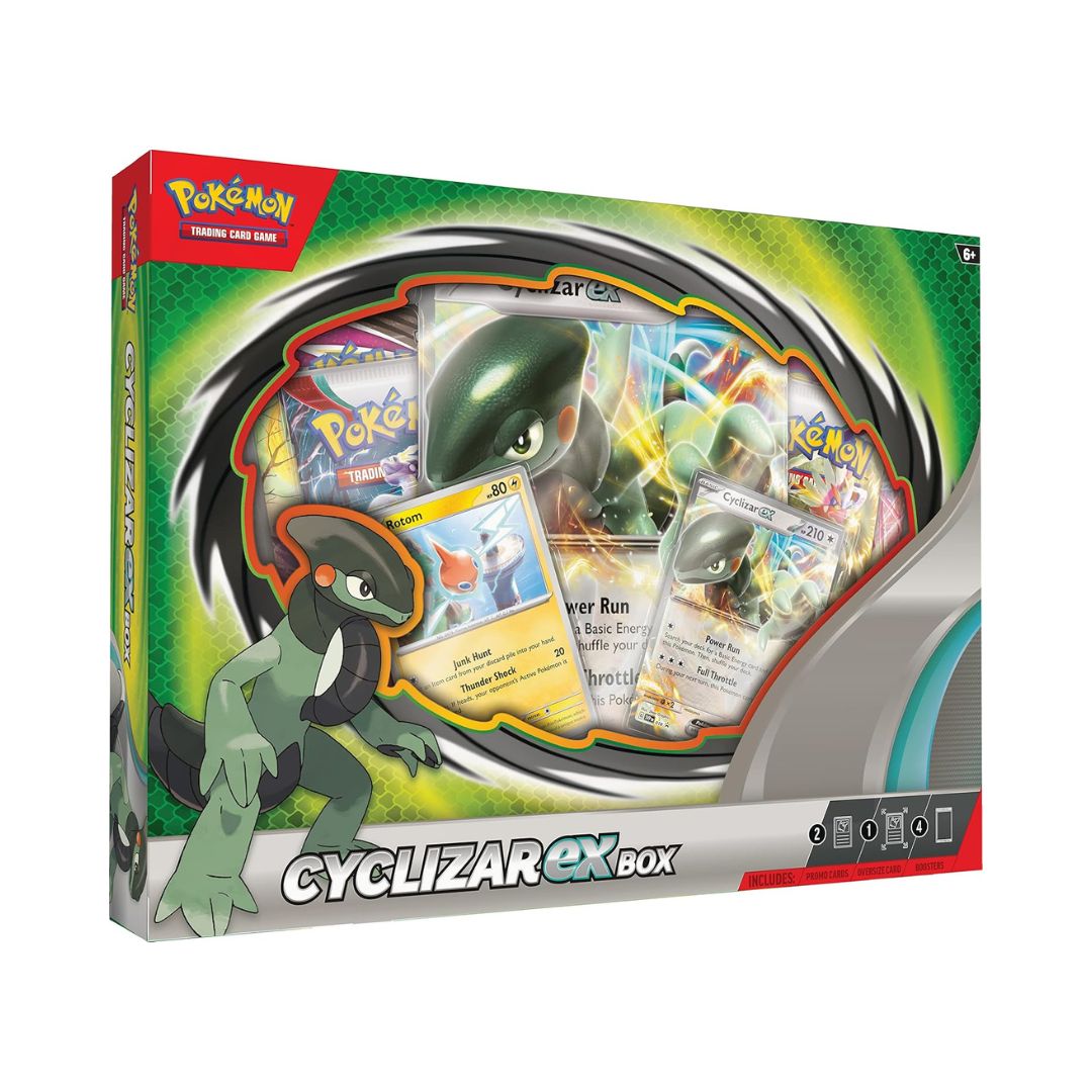 Pokemon TCG_ Cyclizar Ex Box, 290-85233 Cyclizar Ex Box from Pokémon TCG featuring Cyclizar card, booster packs, and promotional items in a colorful display