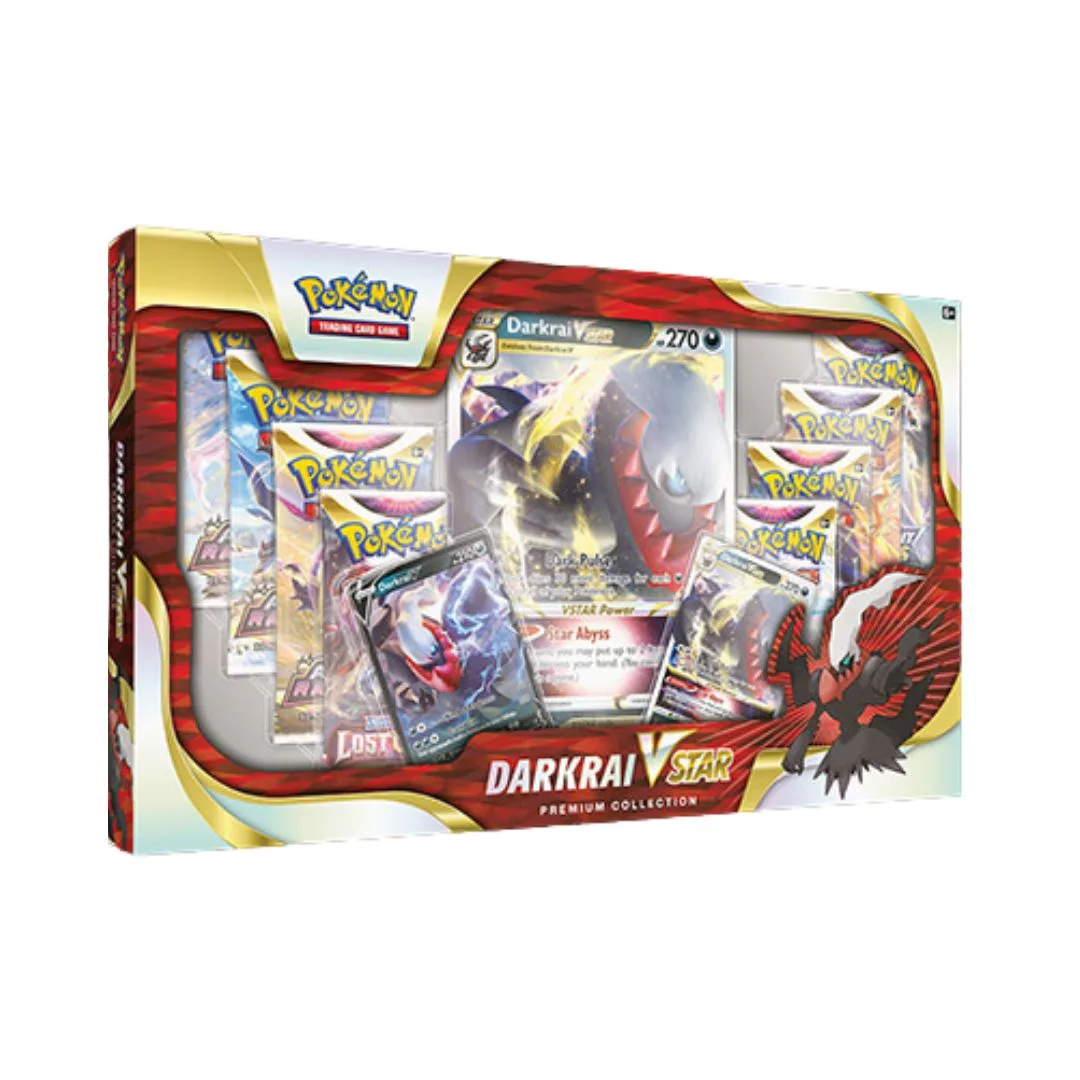 Darkrai Vstar Premium Collection for Pokémon TCG, featuring six sets per case, showcasing Darkrai's powerful abilities