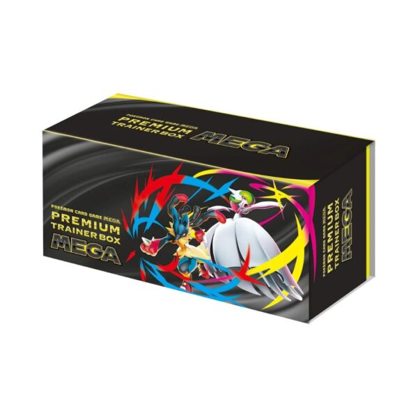 Mega Premium Trainer Box for Pokémon TCG featuring vibrant artwork and various collectible items for gameplay enhancement