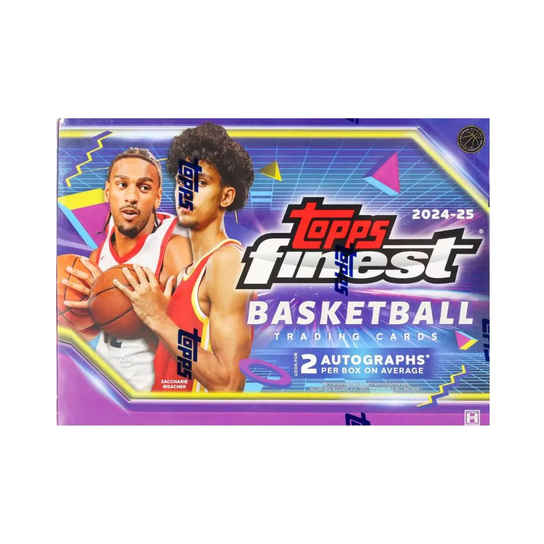 Topps 2024/25 Finest Basketball cards displayed in a hobby box, showcasing various player images and card designs.