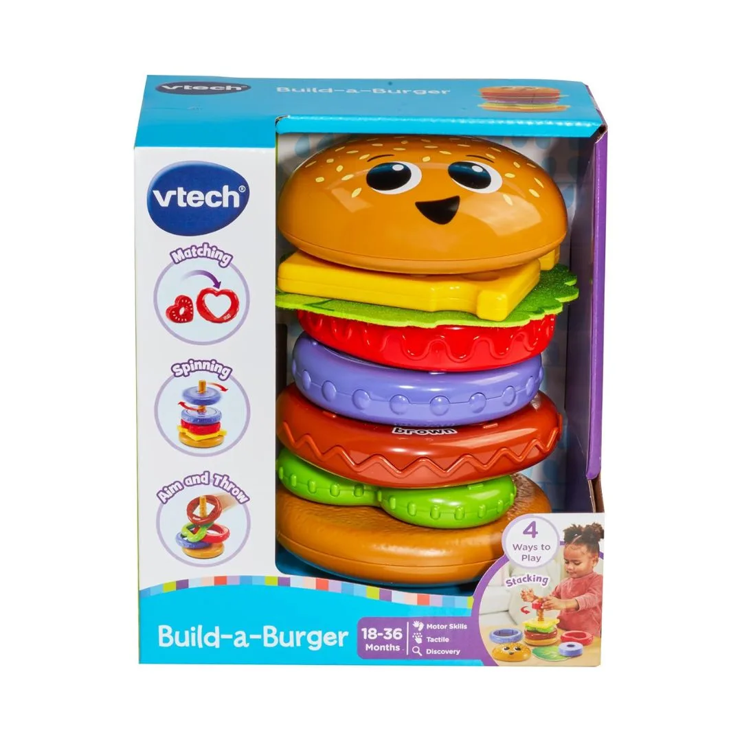 Colorful Vtech Build A Burger toy with various burger ingredients for imaginative play and learning about food assembly