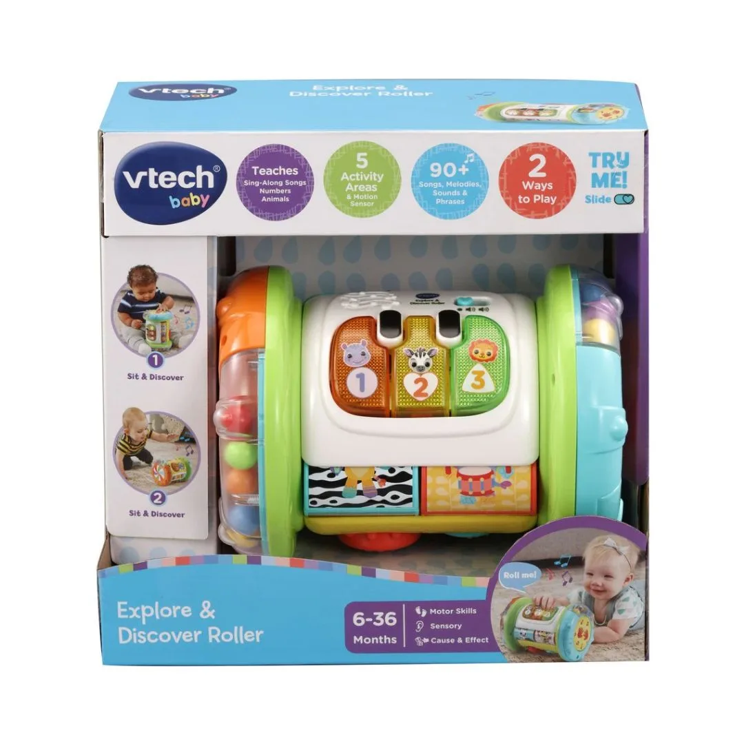 Colorful Vtech Explore & Discover Roller toy with various buttons and shapes for interactive play and learning for toddlers