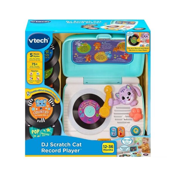 Vtech My 1st Record Player, a colorful toy with a turntable and buttons, designed for young children to explore music.