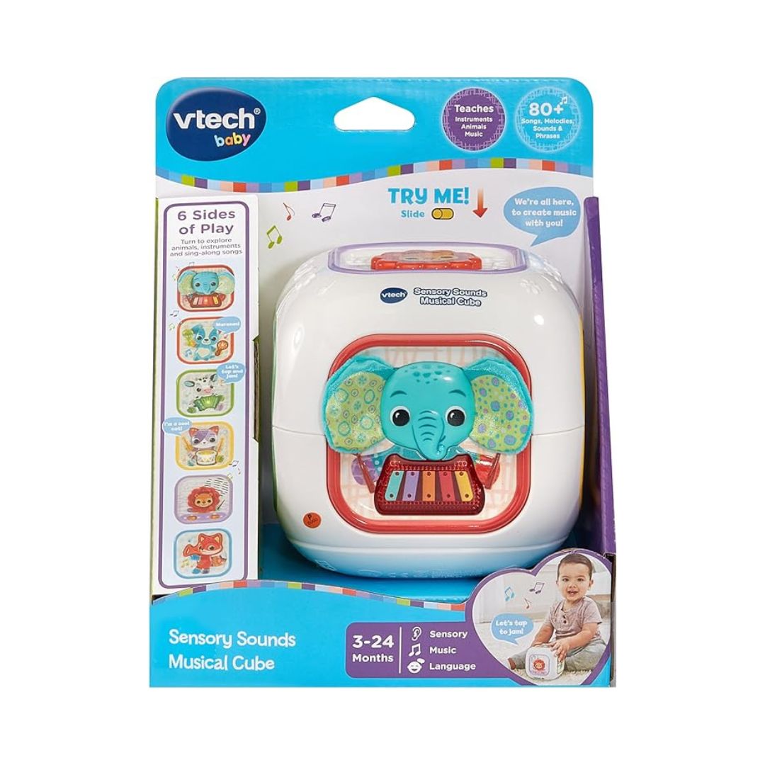 Vtech Sensory Sounds Musical Cube, VT80-574103 Colorful Vtech Build A Burger toy with various burger ingredients for imaginative play and learning about food assembly