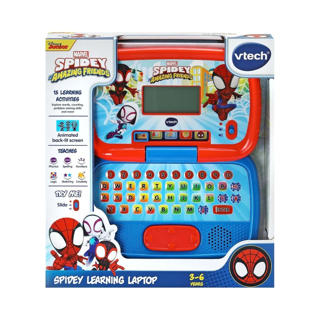 Vtech Spidey Learning Laptop featuring colorful buttons and a cartoon spider design for interactive learning fun