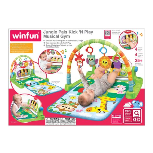 Colorful Winfun Jungle Pals Kick'N Play Musical Gym with hanging toys and musical features for infant playtime