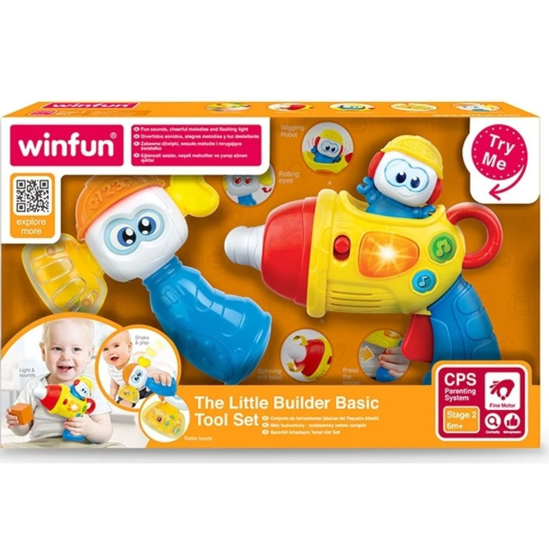 A colorful children's tool set featuring various toy tools, including a hammer, wrench, and screwdriver for imaginative play