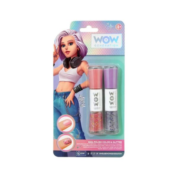 Assorted Wow Generation Colour and Glitter Nail Polish bottles in vibrant colors, showcasing a variety of finishes and textures