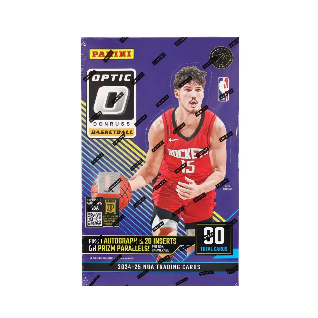 2024-25 Panini Donruss Optic Basketball Hobby Box featuring vibrant graphics and player imagery on the packaging