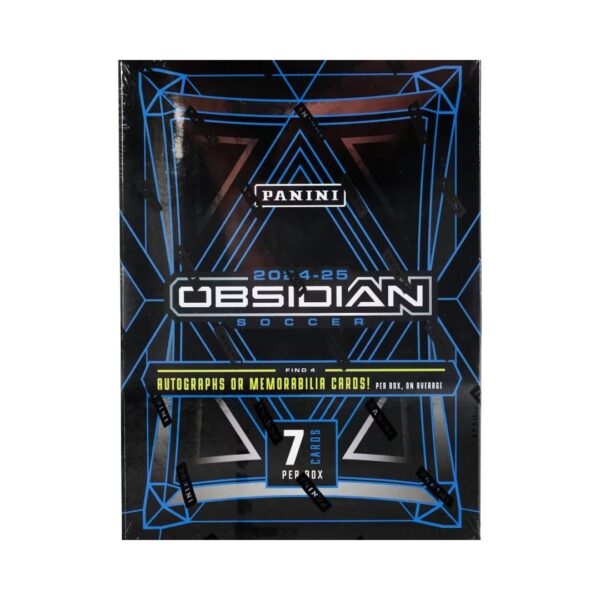 2024-25 Panini Obsidian Soccer Hobby box featuring collectible soccer cards and vibrant designs.