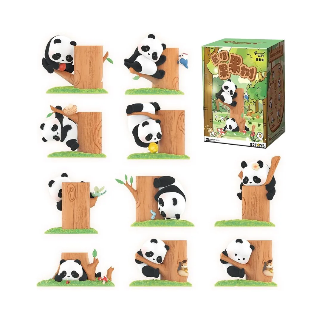 A colorful blind box featuring 52Toys Pandaroll characters climbing a fruit tree, showcasing playful and whimsical designs