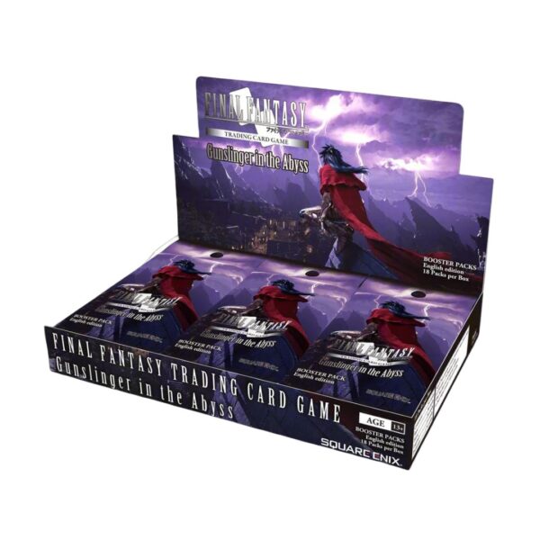 Final Fantasy TCG Gunslinger In The Abyss booster box featuring vibrant artwork and card game branding