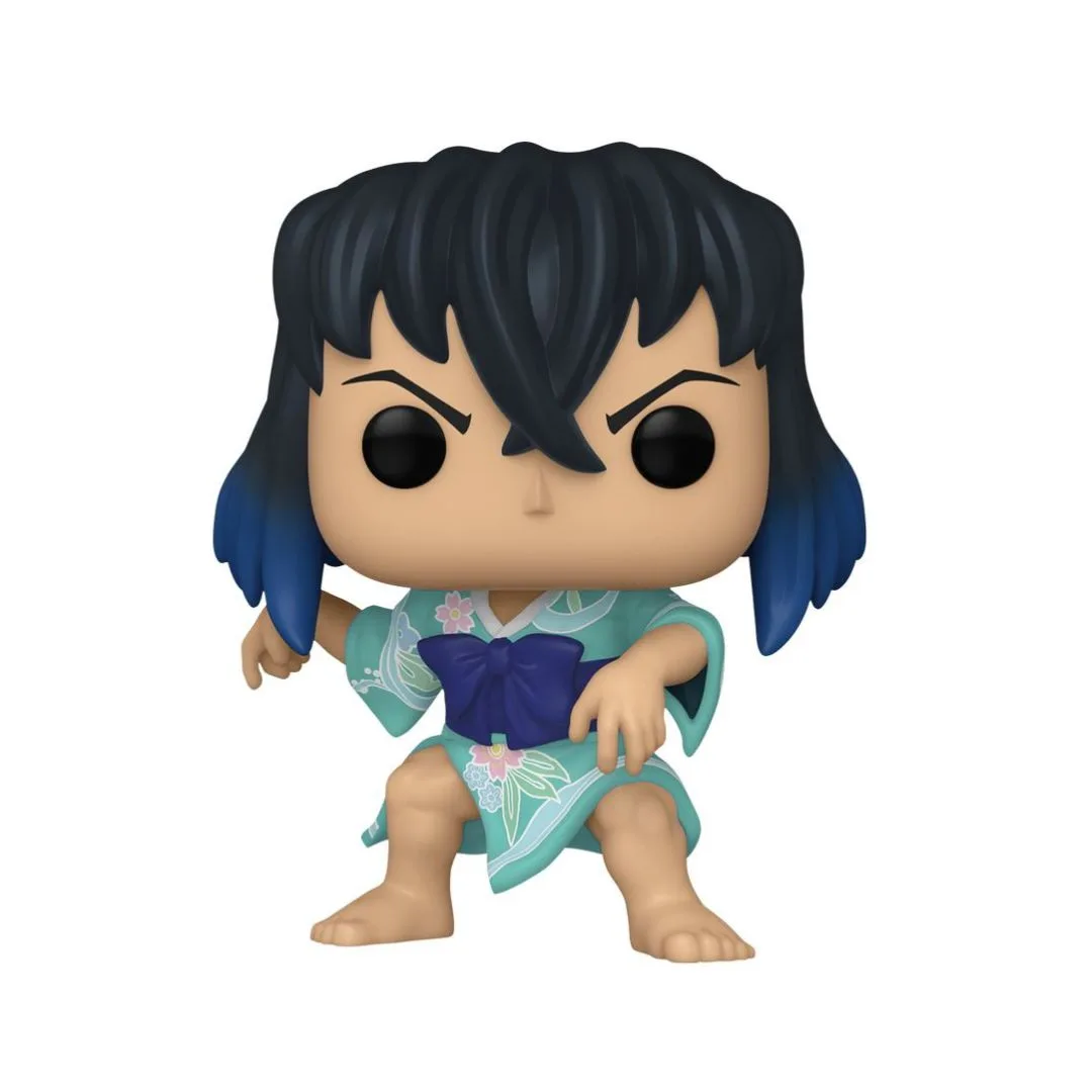 Funko Pop! figure of Inosuke from Demon Slayer, wearing a colorful kimono and displaying his signature boar mask