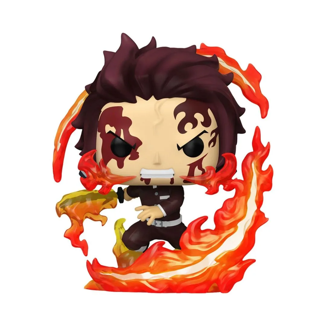 Funko Pop figure of Tanjiro from Demon Slayer, depicted in a dynamic dancing pose with vibrant colors and detailed features