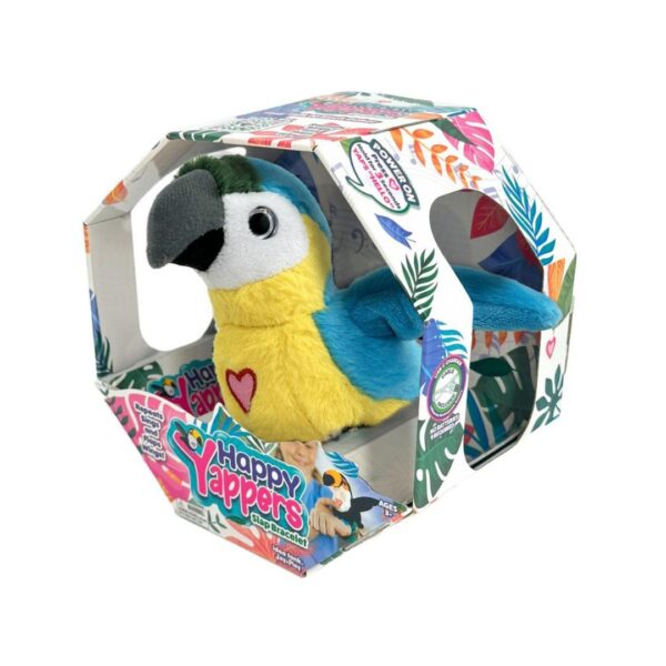 Interactive plush blue parrot toy, Happy Yappers, designed for fun and engagement with cheerful expressions and sounds.