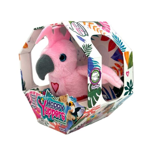 Interactive plush cockatoo toy with a cheerful expression, designed to engage and entertain children with sounds and movements