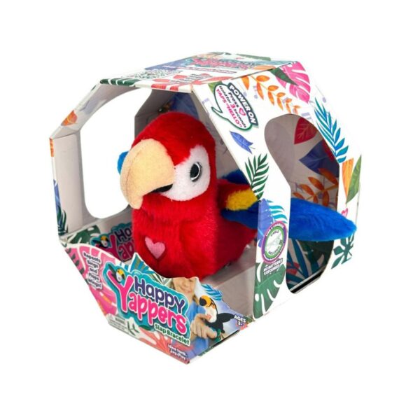 Interactive plush red parrot toy with a cheerful expression, designed for playful engagement and companionship