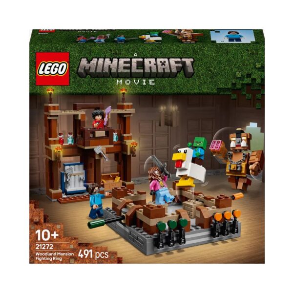 LEGO 21272 set featuring a woodland mansion with a fighting ring, surrounded by trees and detailed mini-figures