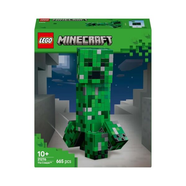 LEGO 21276 The CreepeR V29 set featuring a blocky, green creeper character with movable limbs and accessories