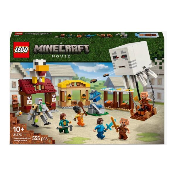 LEGO Minecraft set 21273 features a Ghast balloon attacking a village, with characters and structures from the game