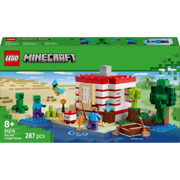 LEGO Minecraft set 21275 features a TNT jungle house with vibrant colors and interactive elements for creative play