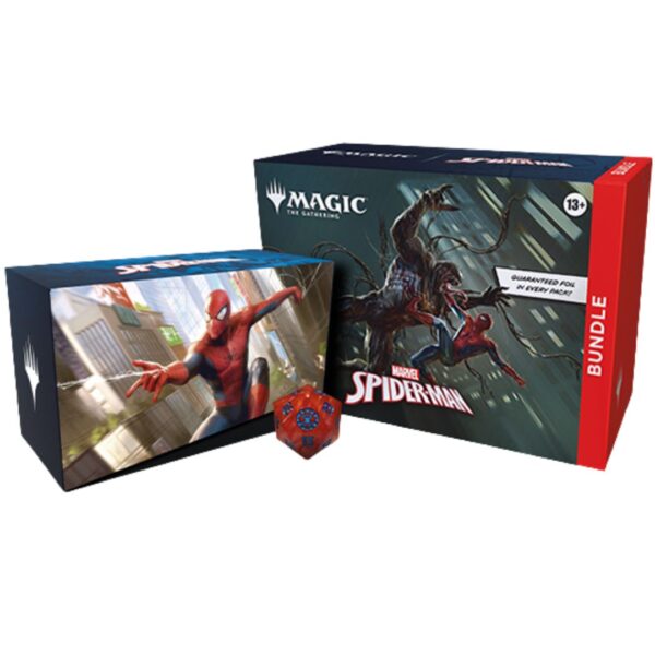 Marvel's Spider-Man Bundle Box featuring game art and character designs, showcasing Spider-Man in action