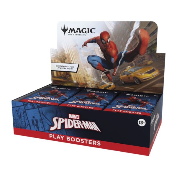 Marvel's Spider-Man Play Booster Box featuring vibrant artwork of Spider-Man and game elements for Magic: The Gathering