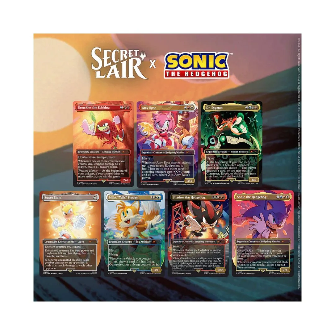 MTG: Secret Lair x Sonic card featuring iconic characters from Sonic's universe in a vibrant, non-foil design