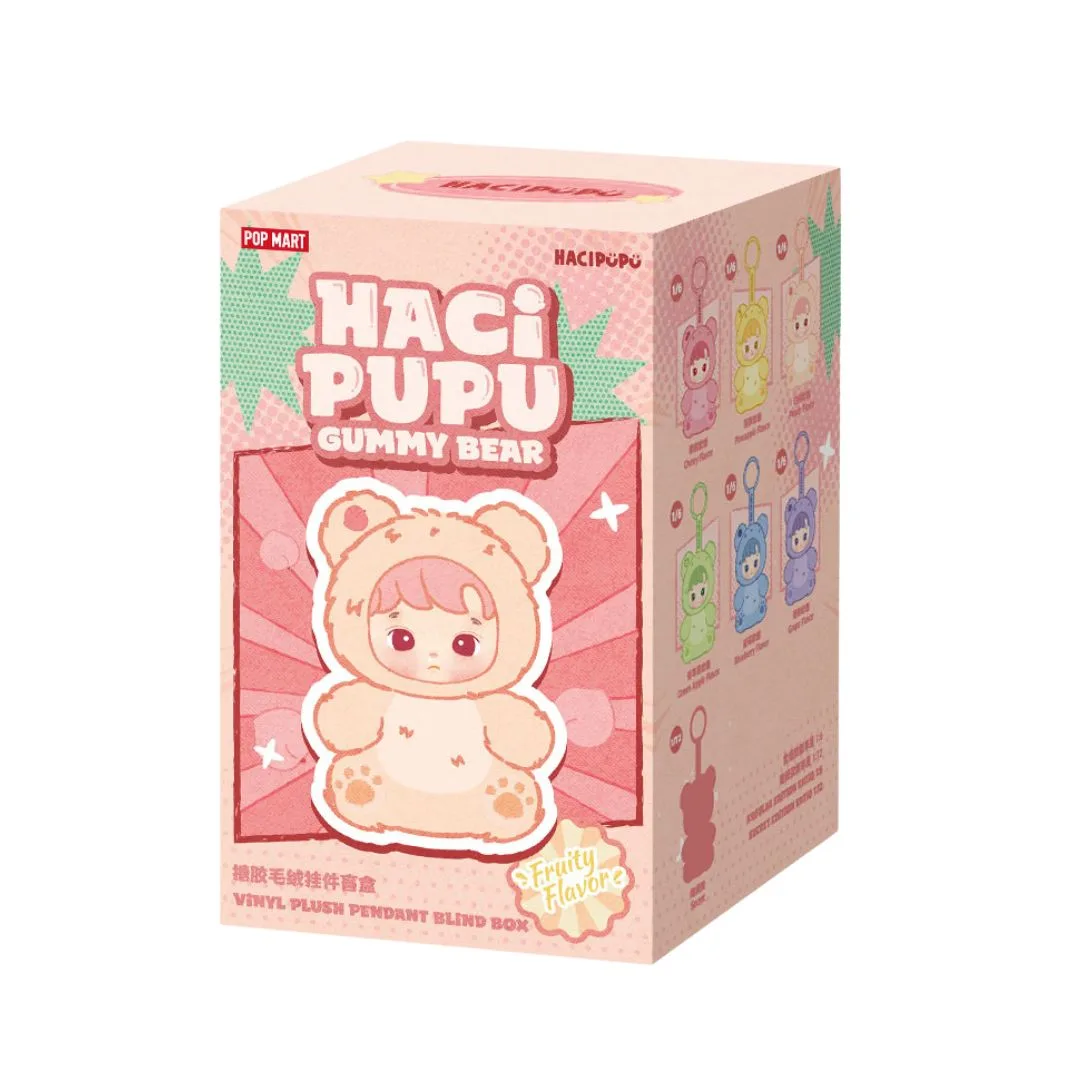 Vinyl plush pendant of a gummy bear from the Pop Mart Hacipupu series, presented in a colorful blind box packaging