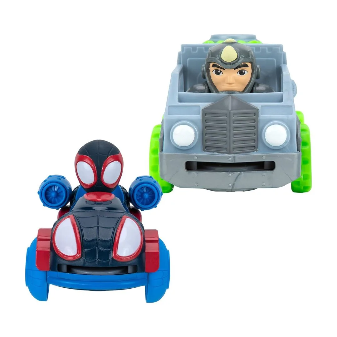 Spidey and his Amazing Friends vehicle set featuring Miles Morales and Rhino in a colorful 2-pack toy design