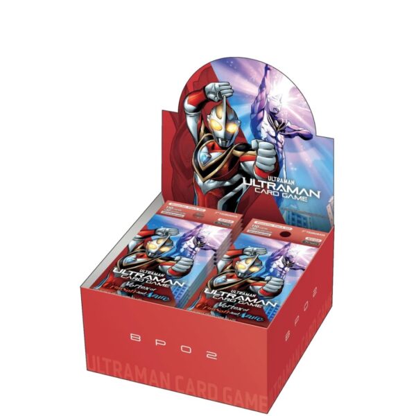 Ultraman TCG: Vortex of Crimson and Azure booster box featuring vibrant artwork and game branding on the packaging