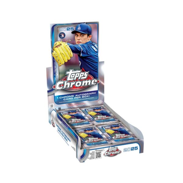 2025 Topps Chrome Baseball Hobby Box featuring a sleek design and showcasing collectible baseball cards