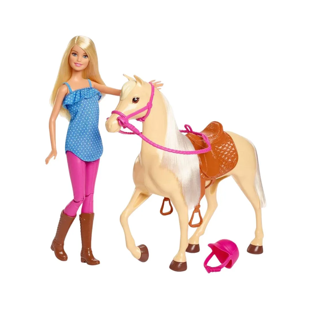Barbie doll in riding outfit with a horse, set includes accessories for imaginative play and adventure.